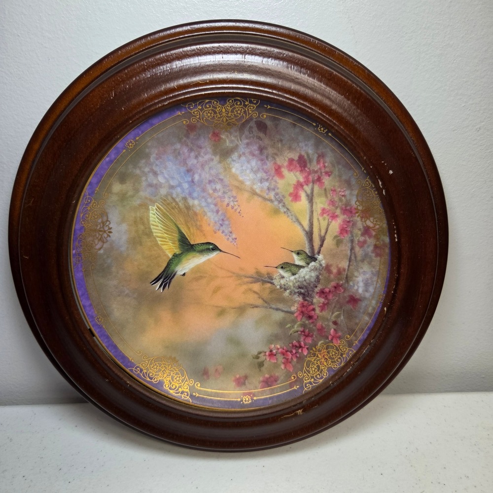 Bradford Exchange Garden Whispers Hummingbird Plate Larry K Martin Wood Frame